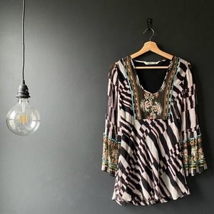 DVF Y2K Bell Sleeve Beaded Silk Retro Tunic Blouse